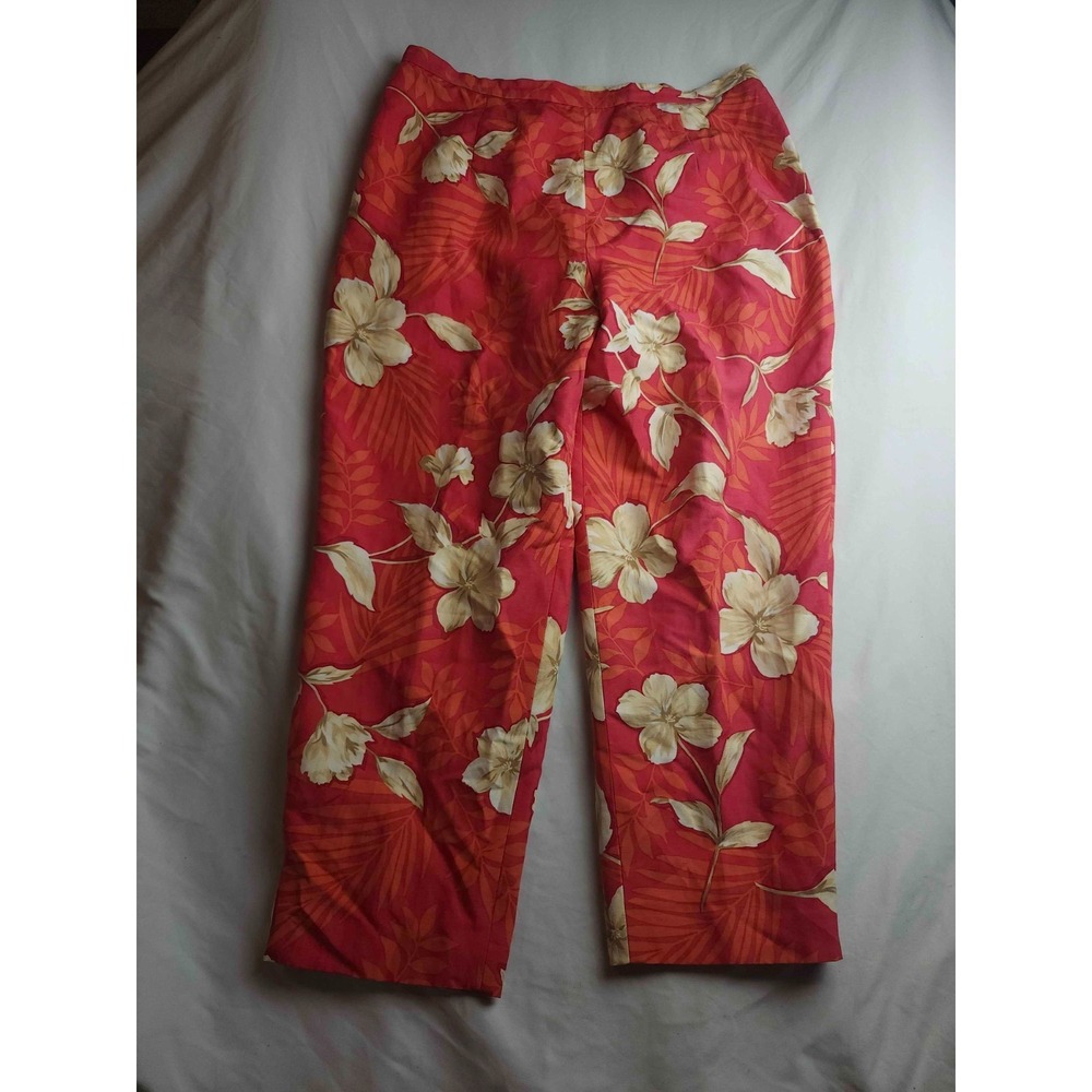Talbots Pants Womens Size 16P Red Silk Linen Blend Floral Crop Coastal Tropical